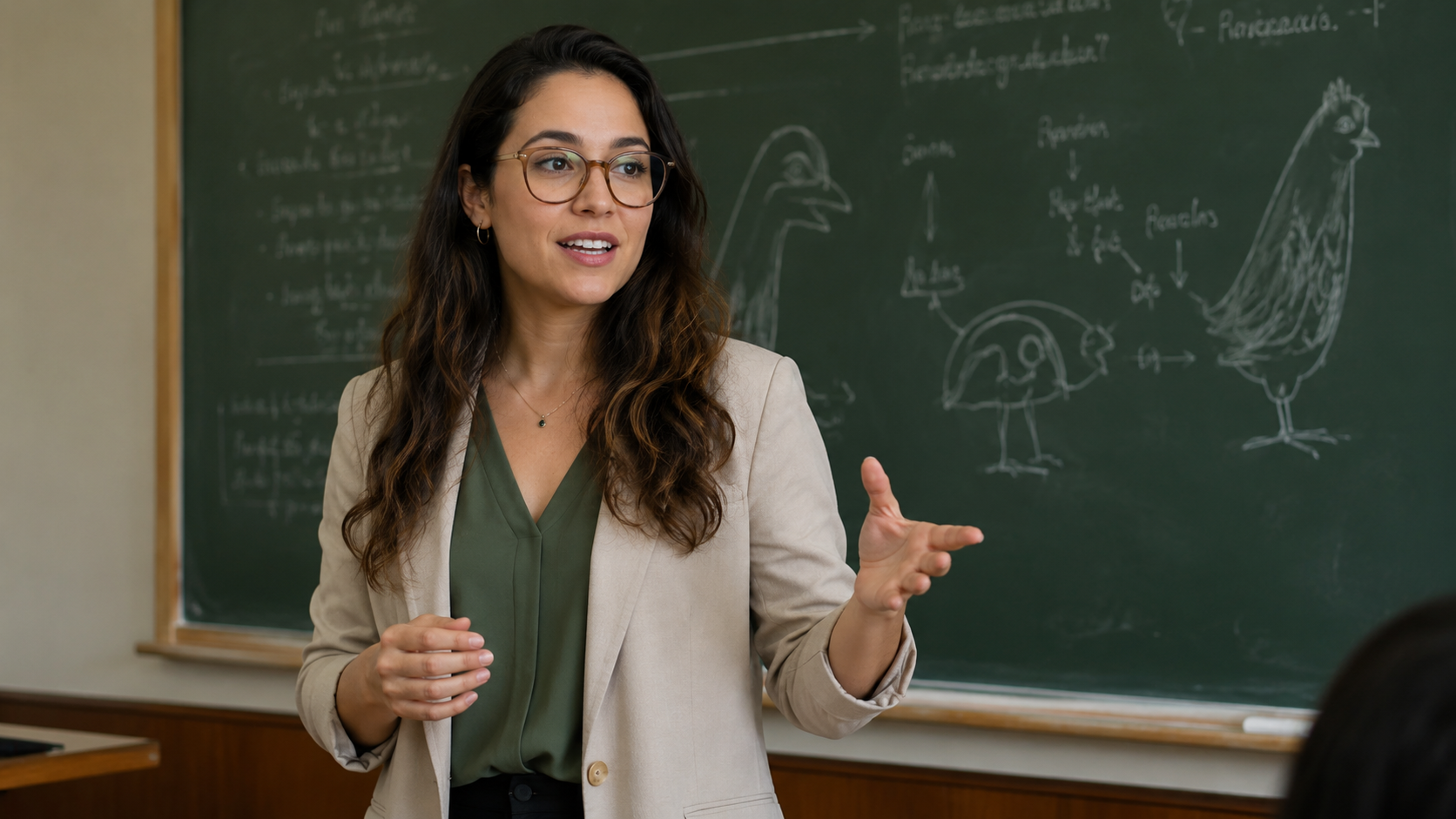 Professora usando óculos dando aula em frente ao quadro
